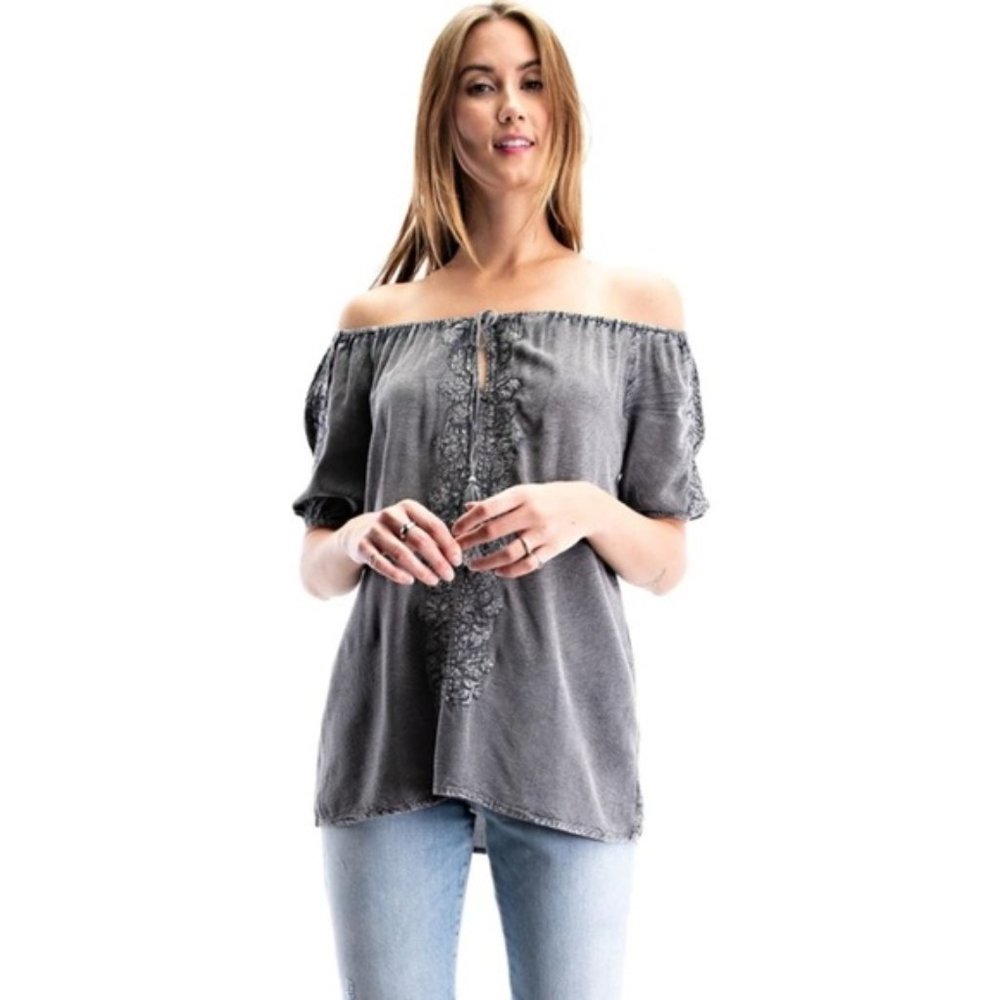 NEW Solitaire Ash Grey Floral Off Shoulder Blouse Boho Tie Smocked Embroidered